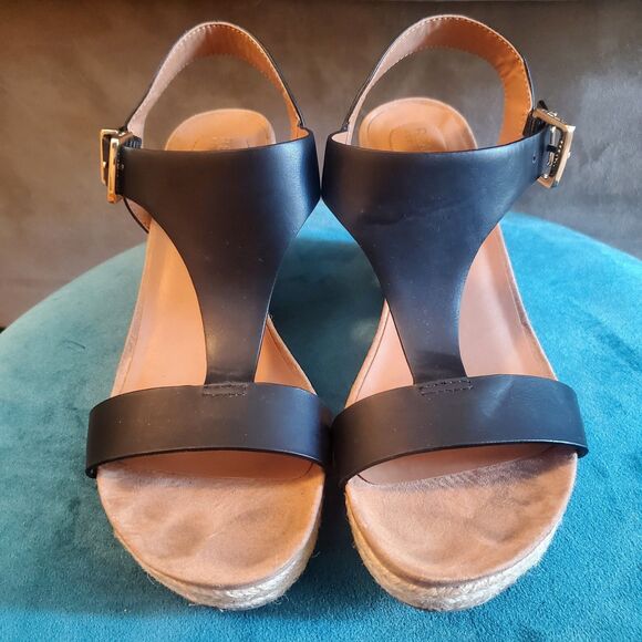 Kenneth Cole Reaction Card Wedge Sandal Womens Size 6.5 Black T-Strap Espadrille - Picture 1 of 11